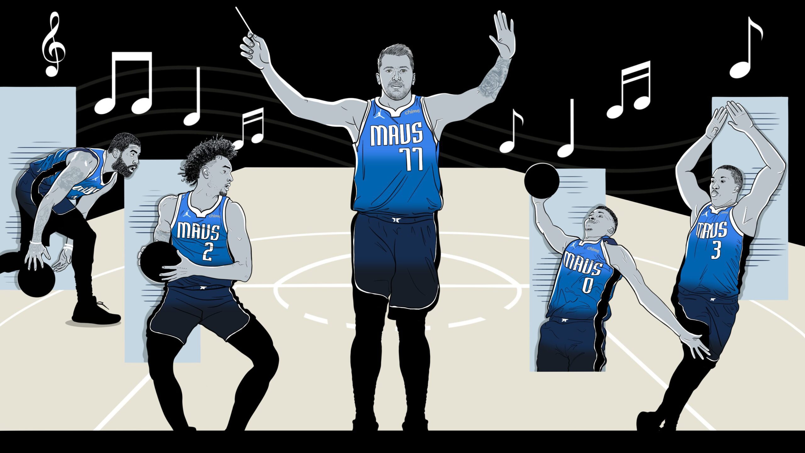 Dallas Mavericks' strategic evolution around Luka Doncic's dynamic role, emphasizing athleticism, length, and defense in building a successful team. Visual representation of team dynamics and player contributions by Peruvian, Italian illustrator and visual artist Alonso Guzmán Barone for The Ringer.